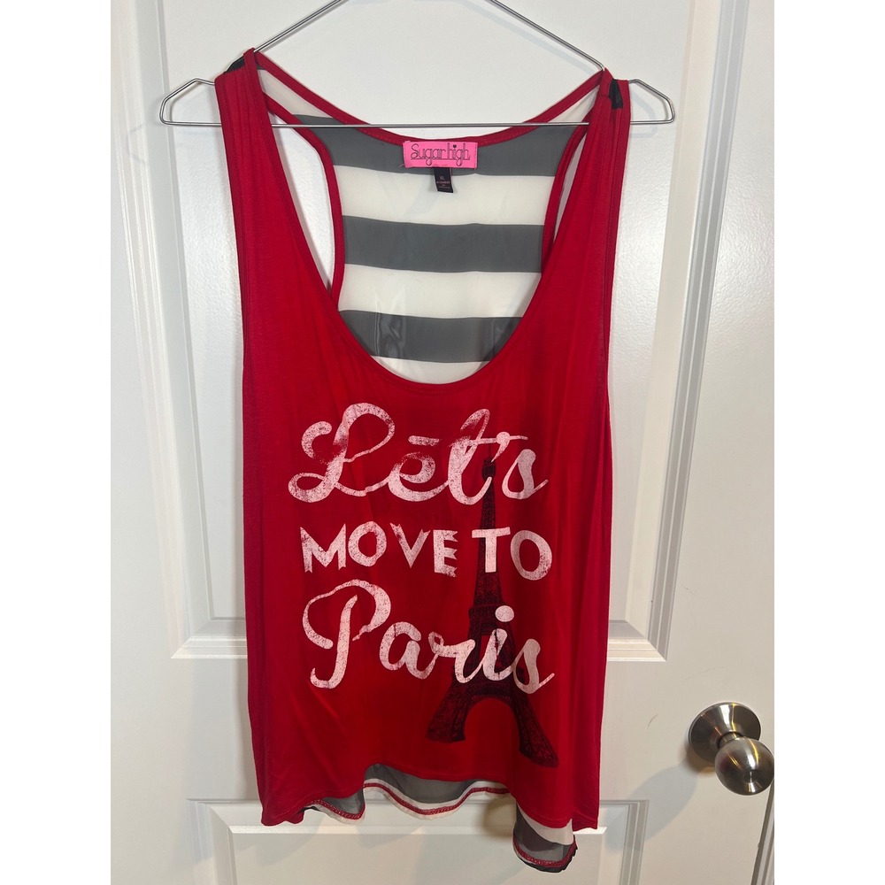 Sugarhigh Womens Tank Top‎ Paris Graphic Sheer Striped Back Red Size XL